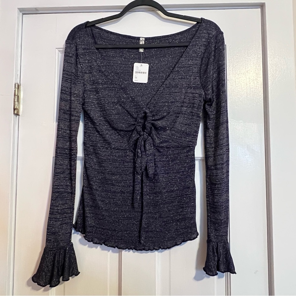 #165 FREE PEOPLE INTIMATELY SAY WHEN NAVY METALLIC BLOUSE TOP SIZE MEDIUM